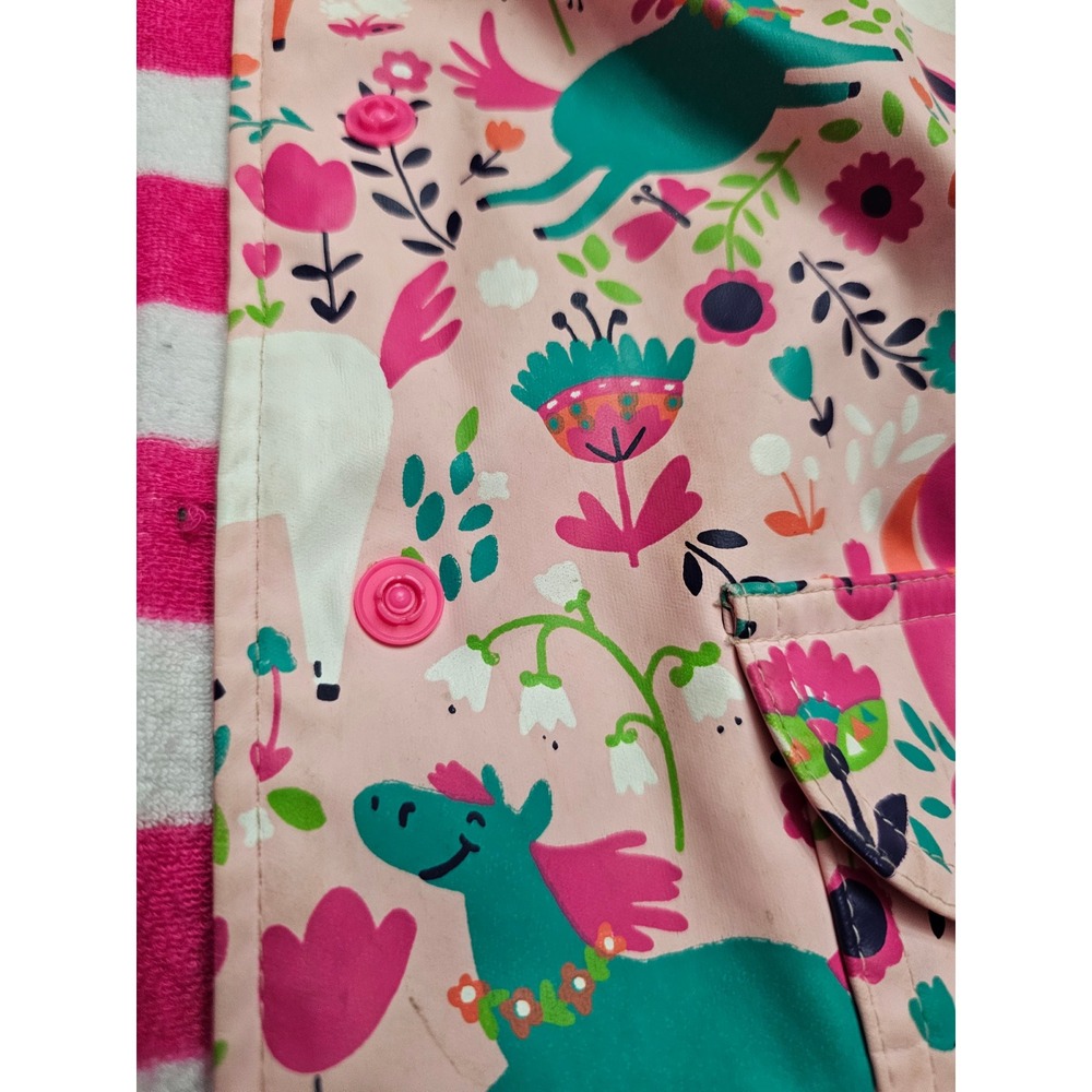 Hatley Girls Pink Horse Floral Print Hooded Rain Jacket Size 5 Terry Lined - Picture 5 of 7